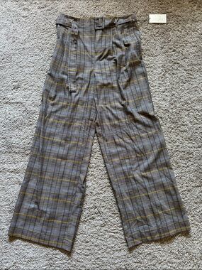 a new day Gray Plaid High-Waist Wide-Leg Trousers with Yellow Accent